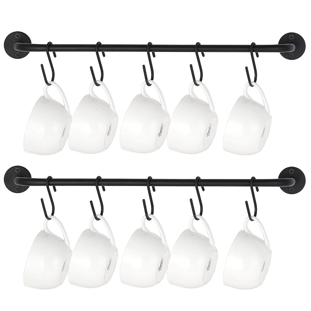 Wall Mounted Mug Holder, 10 hooks, 2-pack, Black