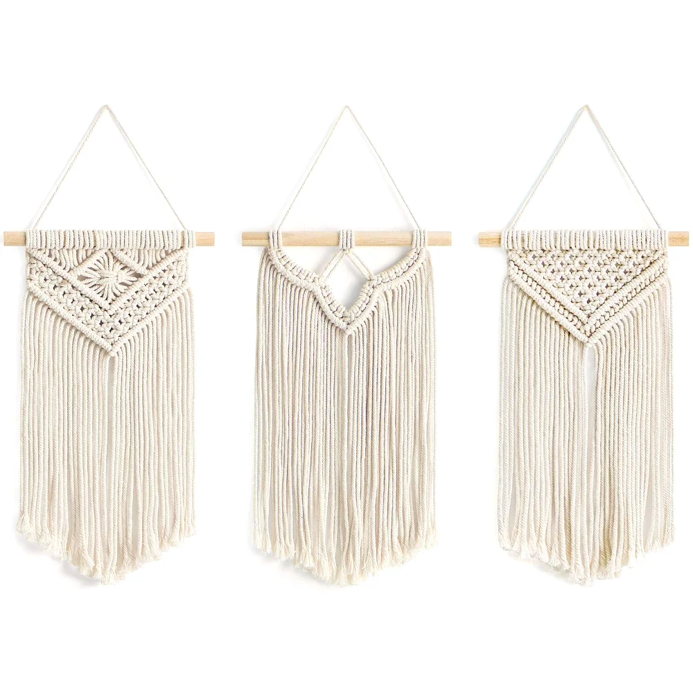 Small Macrame Wall Hanging, 8 in, 3-pack, Ivory