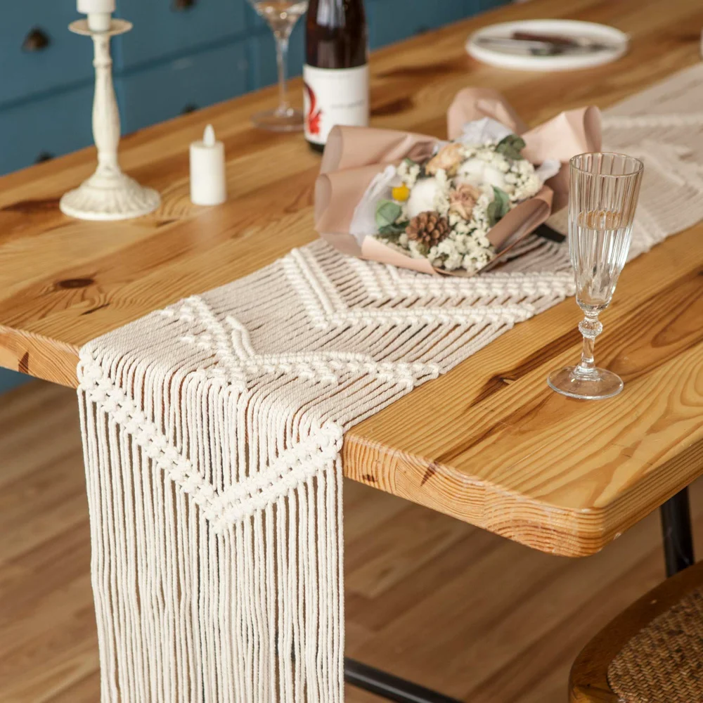 Macrame Table Runner, 100 in, Ivory