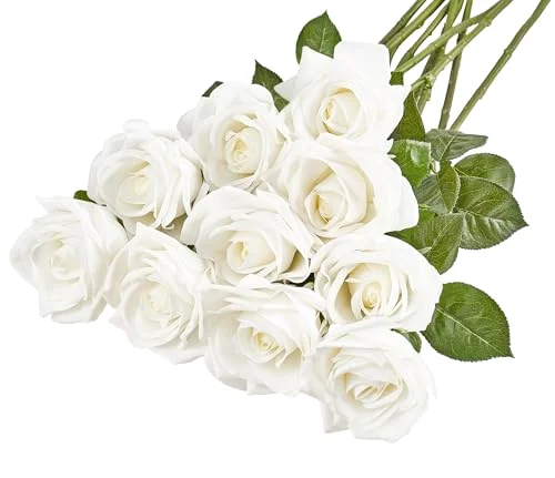 Rose Artificial Flowers 10 PCS, 10-pack, White