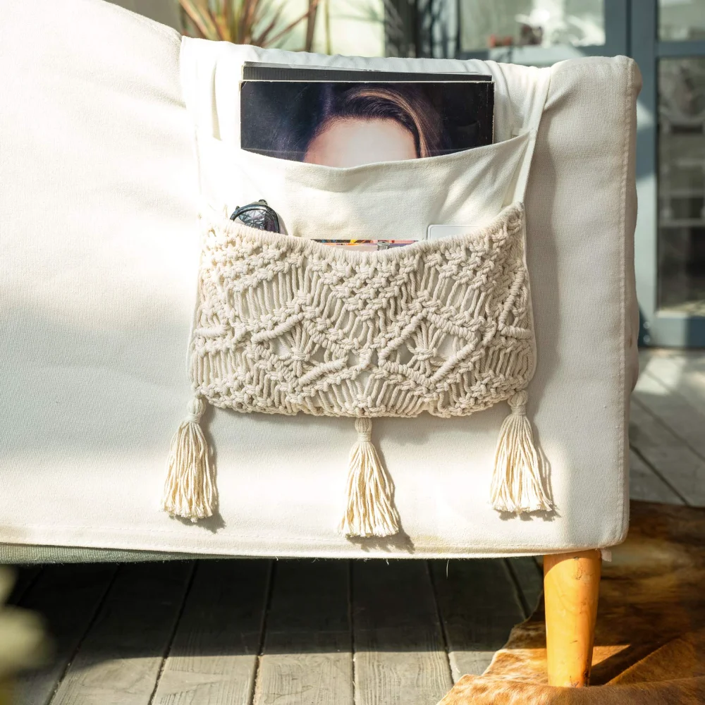 Macrame Armchair Caddy, 4 pockets, Beige